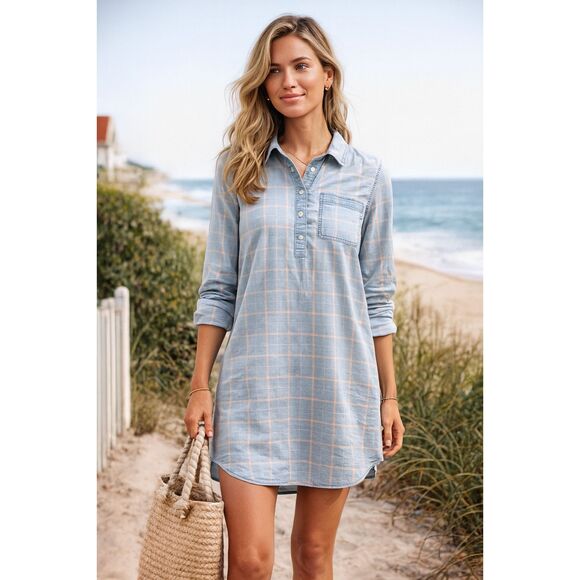 Faherty Dresses & Skirts - FAHERTY Light Blue Pink Check Button Up Tunic Shirt Dress Women's Size XS